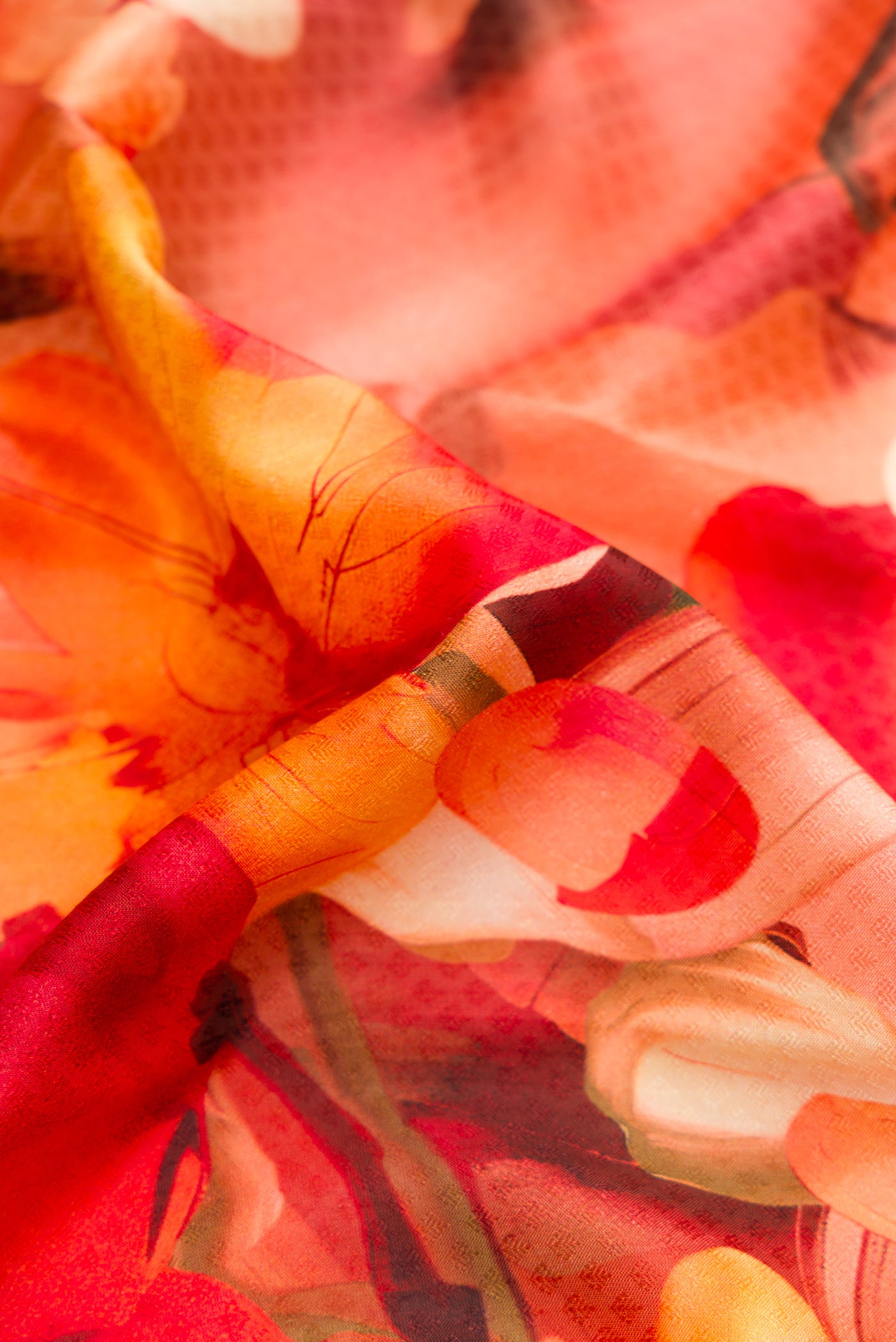 Close up of Multi Color Kanchipuram Silk Saree with Floral Print on the body and Thread Border.  displaying folds