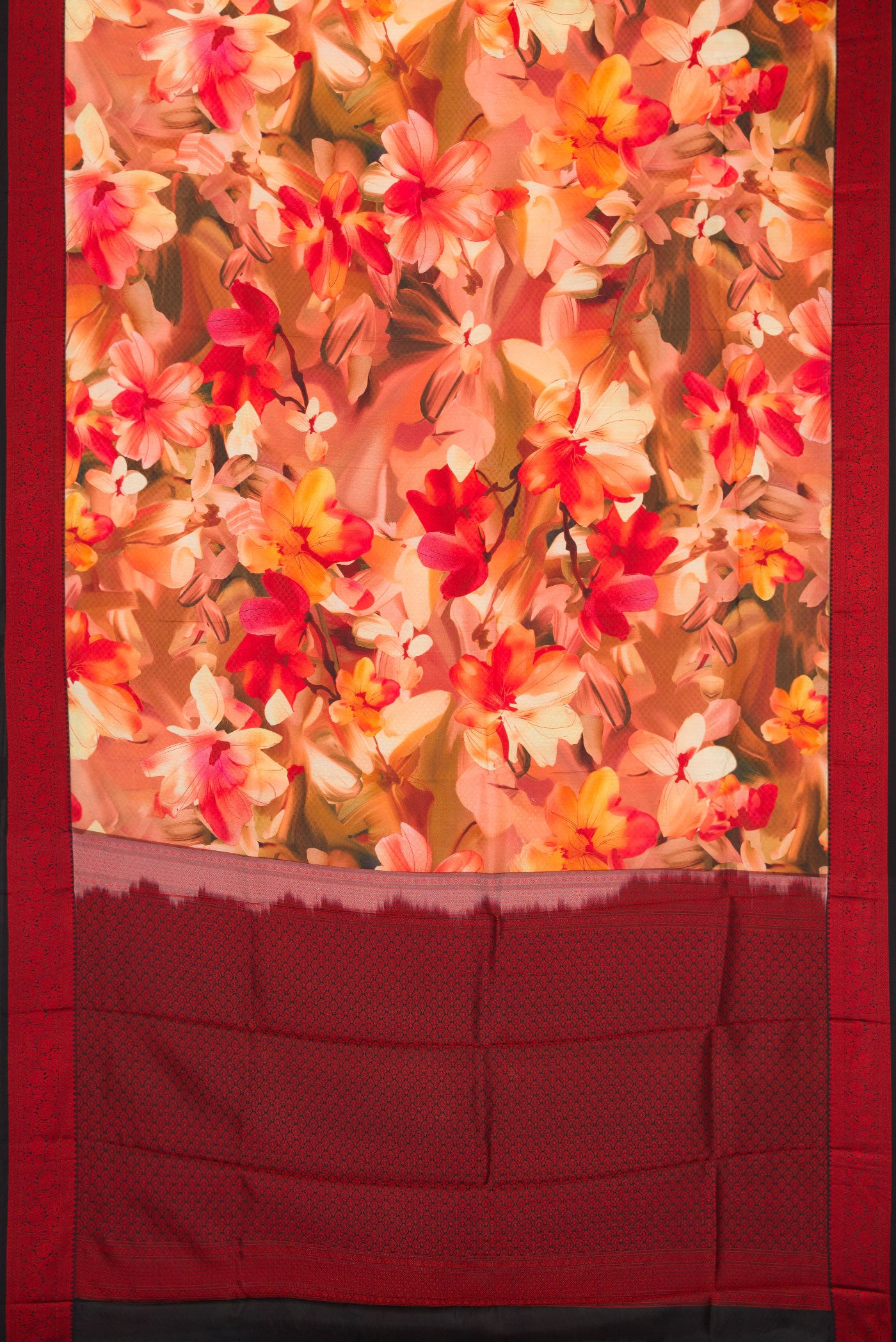 Flat view of Multi Color Kanchipuram Silk Saree with Floral Print on the body and Thread Border. 