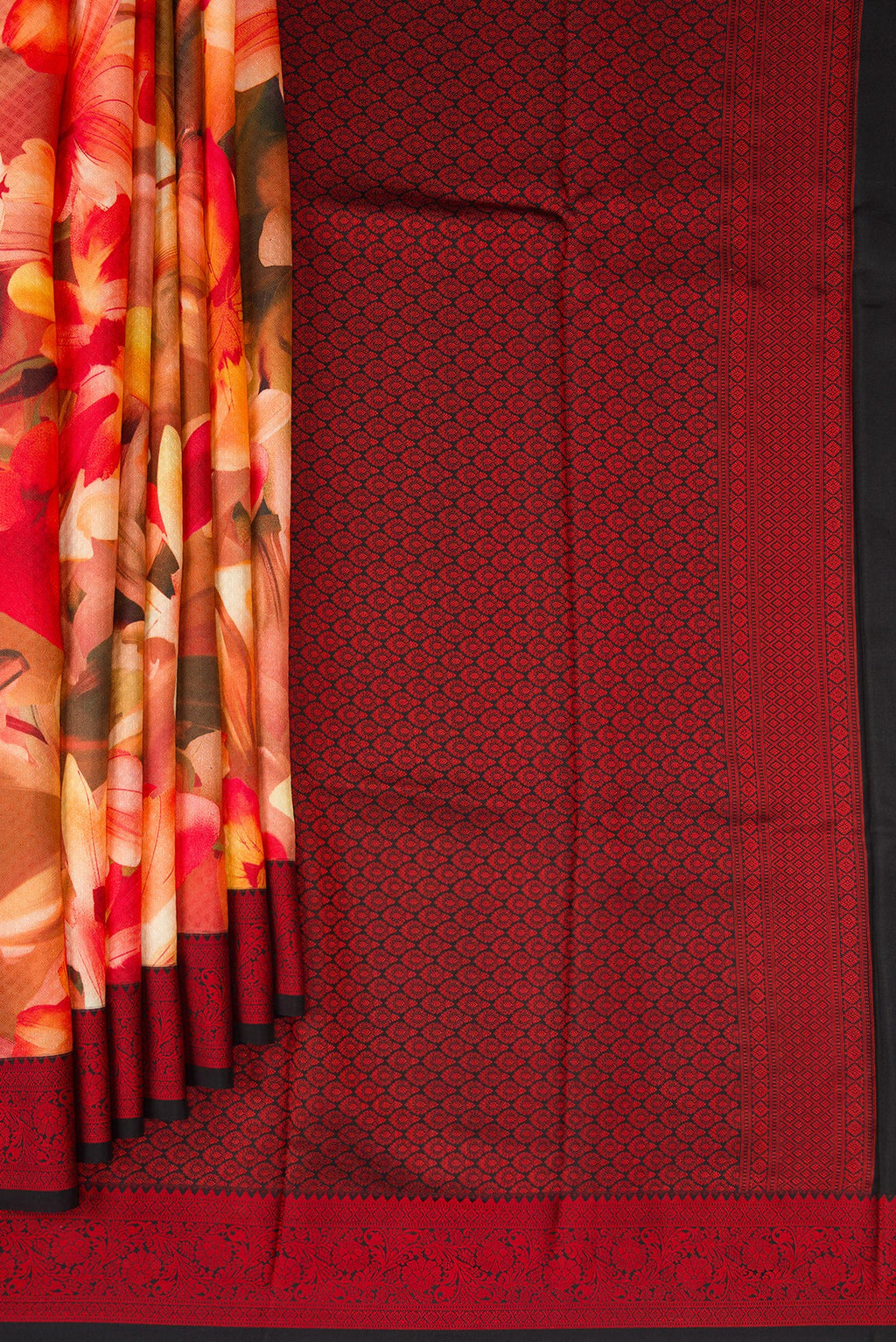Pleats and pallu of Multi Color Kanchipuram Silk Saree with Floral Print on the body and Thread Border. 