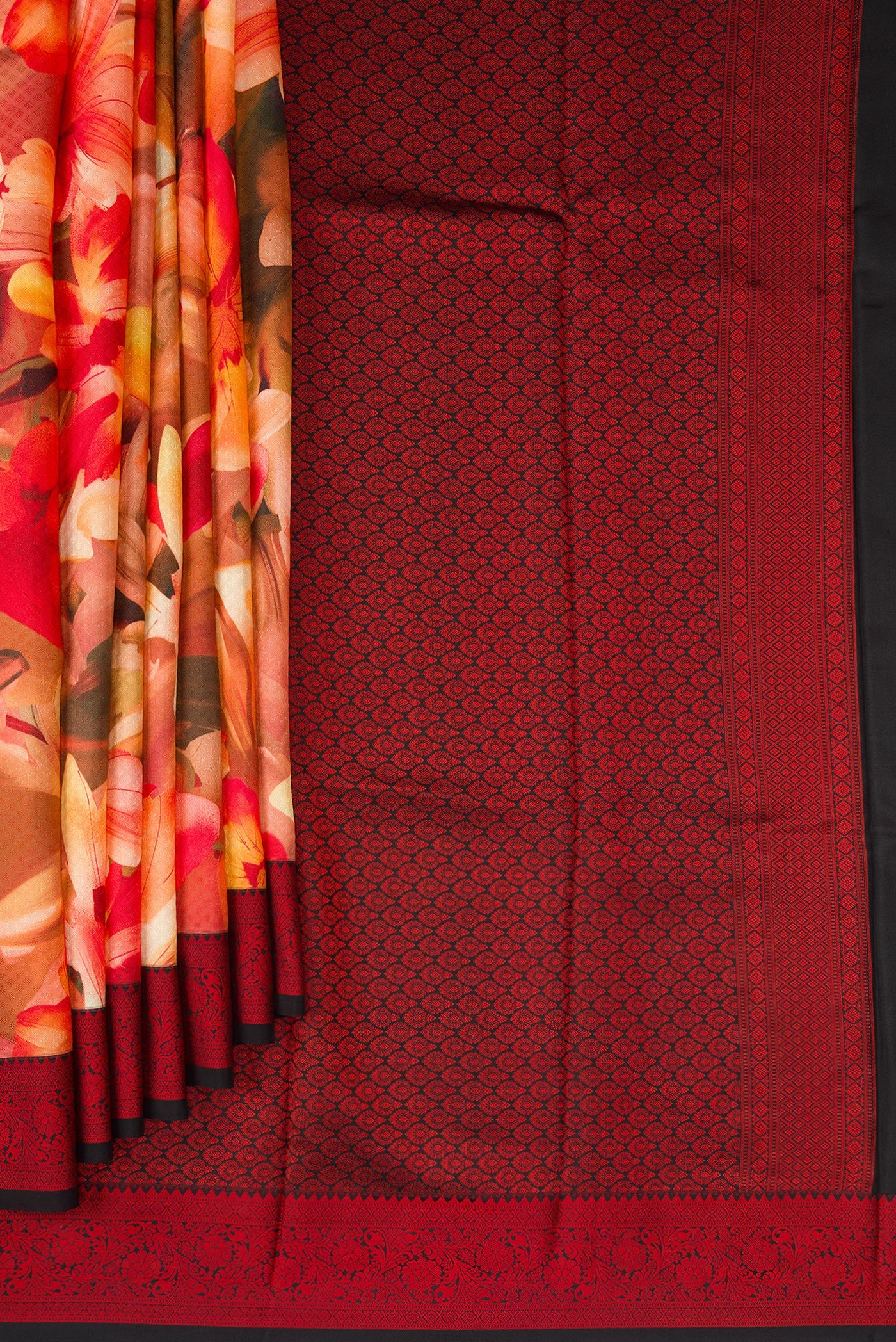 Pleats and pallu of Multi Color Kanchipuram Silk Saree with Floral Print on the body and Thread Border. 