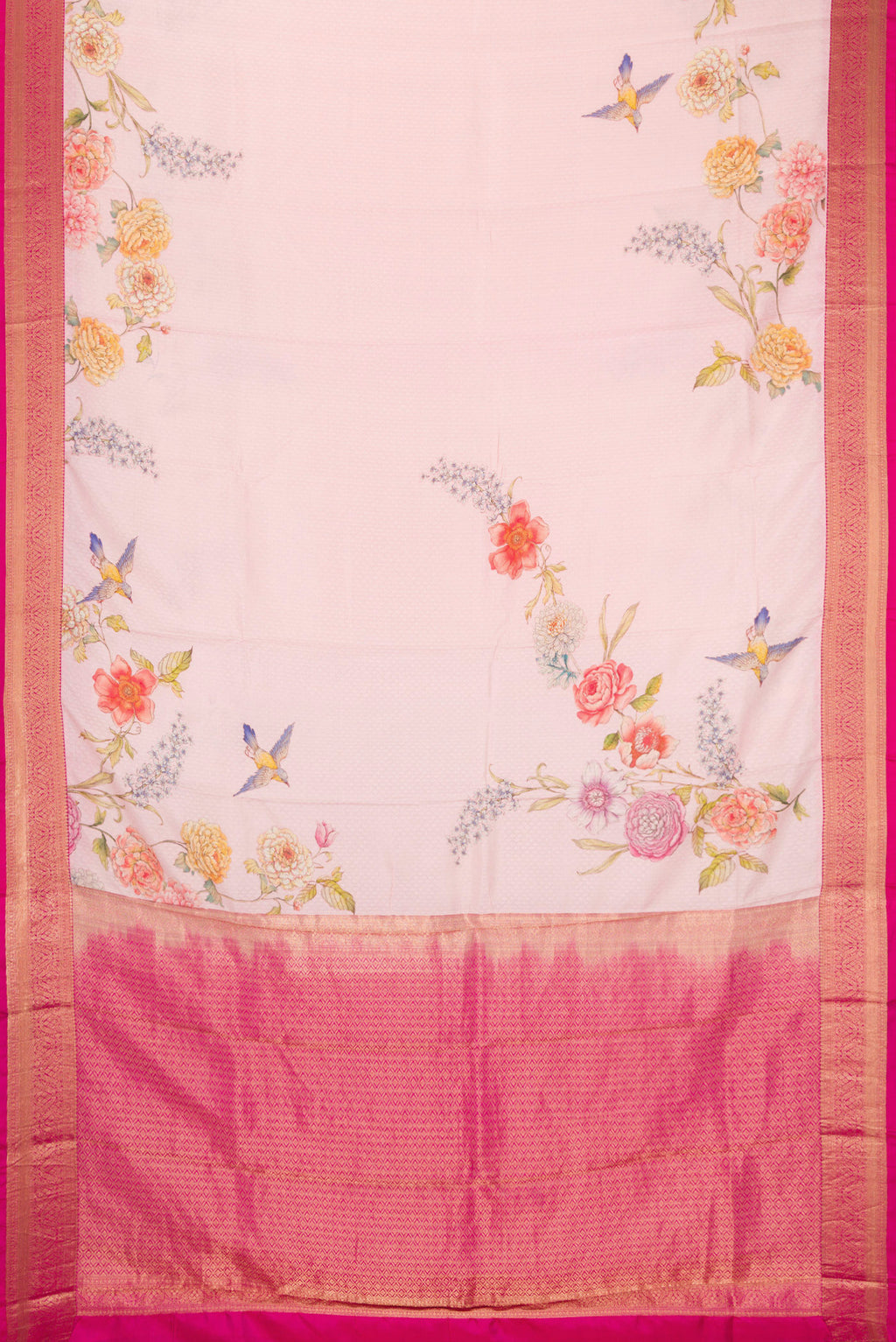 Flat view of Rose pink Kanchipuram Silk Saree with Floral Print on the body and Zari Border. 