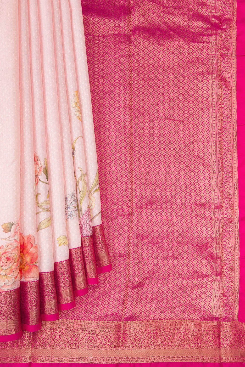 Pleats and pallu of Rose pink Kanchipuram Silk Saree with Floral Print on the body and Zari Border. 