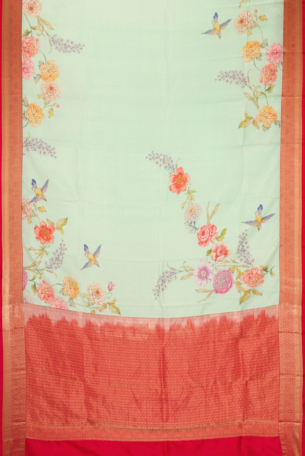 Flat view of Light Green Dual Tone Kanchipuram Silk Saree with Floral Print on the body and Zari Border. 
