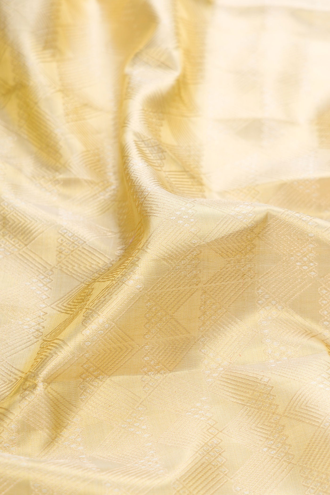 Close up of Gold Dual Tone Kanchipuram Tissue Silk Saree with Zari Brocade on the body and Zari Border.  displaying folds