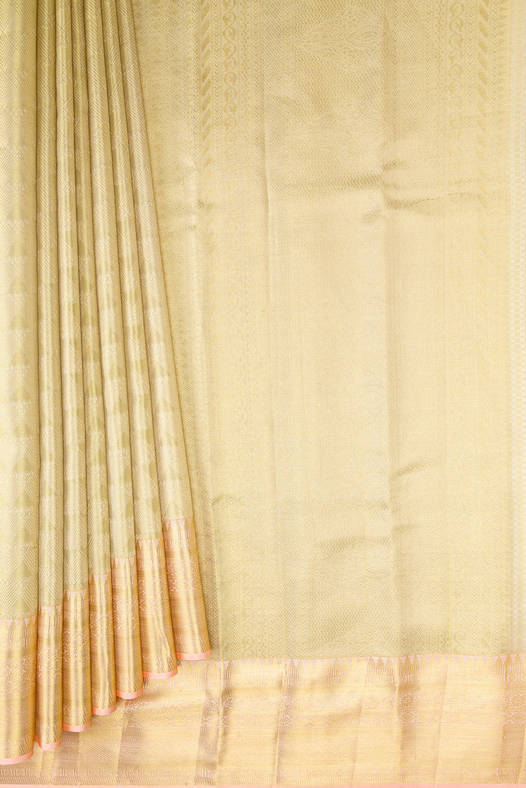 Pleats and pallu of Gold Dual Tone Kanchipuram Tissue Silk Saree with Zari Brocade on the body and Zari Border. 