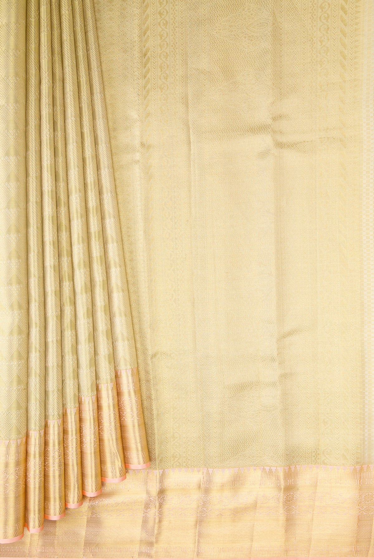 Pleats and pallu of Gold Dual Tone Kanchipuram Tissue Silk Saree with Zari Brocade on the body and Zari Border. 