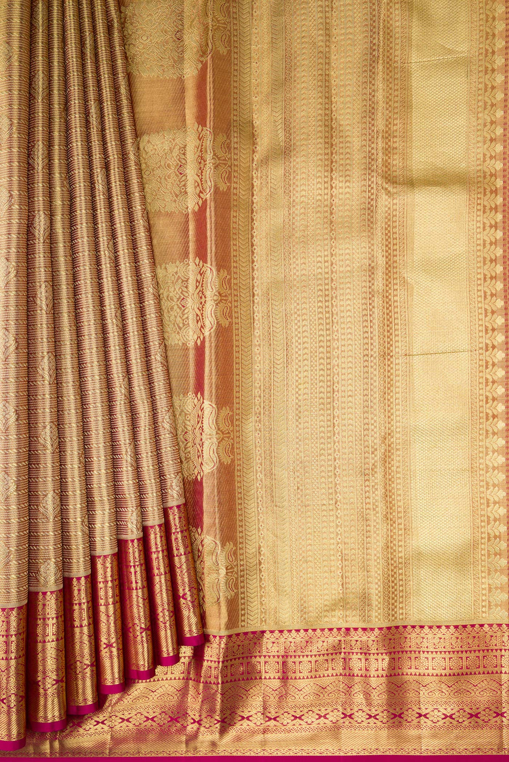 Pleats and pallu of Gold Dual Tone Kanchipuram Tissue Silk Saree with Zari Brocade on the body and Zari Border. 