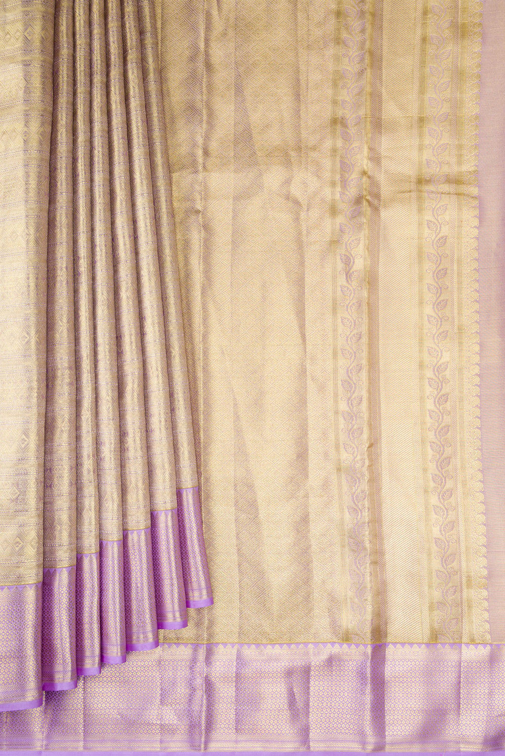 Pleats and pallu of Gold Dual Tone Kanchipuram Tissue Silk Saree with Zari Brocade on the body and Zari Border. 
