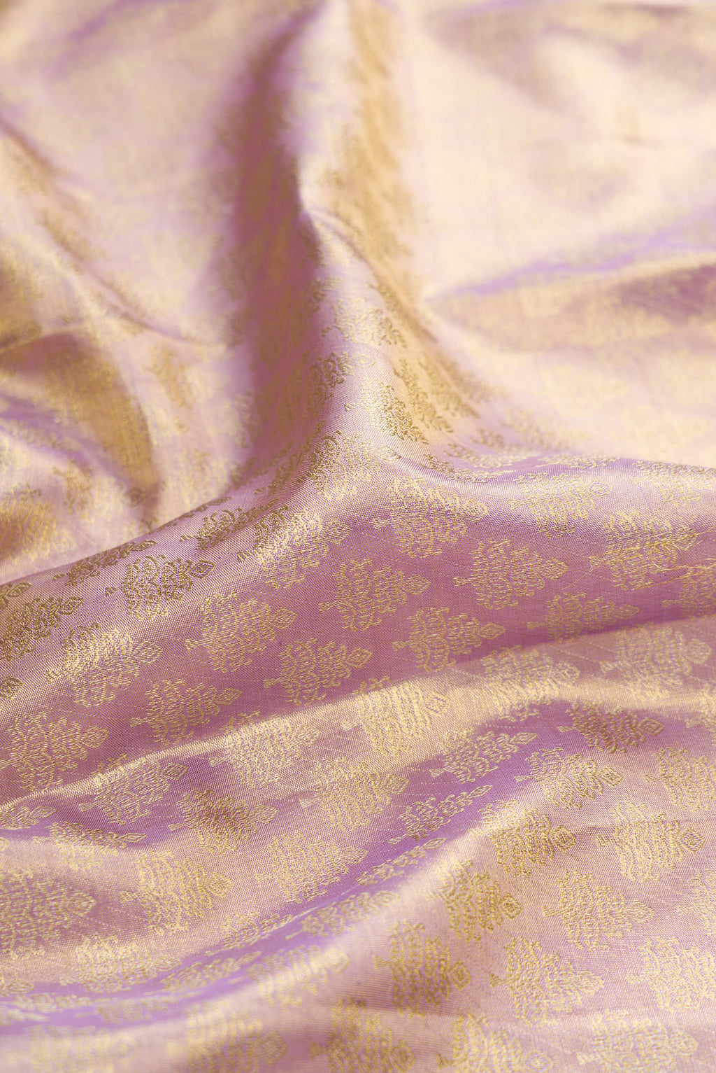 Close up of Lavender Dual Tone Kanchipuram Tissue Silk Saree with Zari Brocade on the body and Zari Border.  displaying folds
