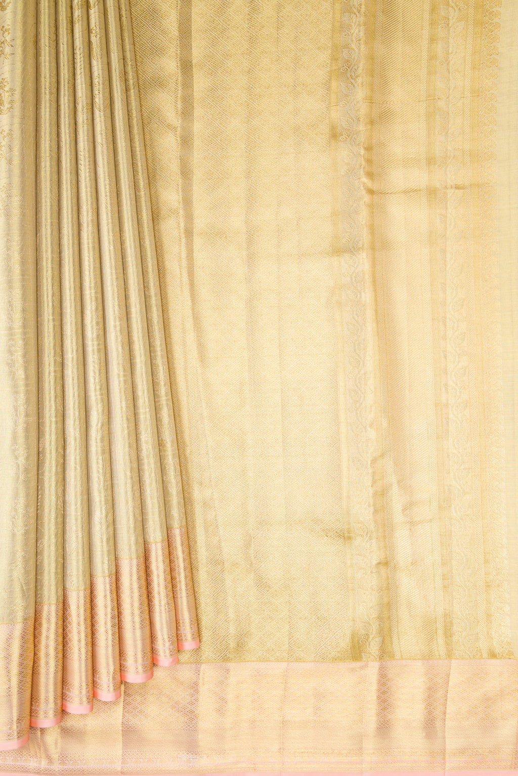 Pleats and pallu of Gold Dual Tone Kanchipuram Tissue Silk Saree with Zari Brocade on the body and Zari Border. 