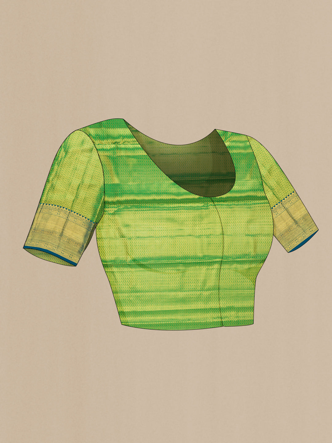 Close up image of the blouse of Green Dual Tone Kanchipuram Tissue Silk Saree with Zari Brocade on the body and Zari Border. 