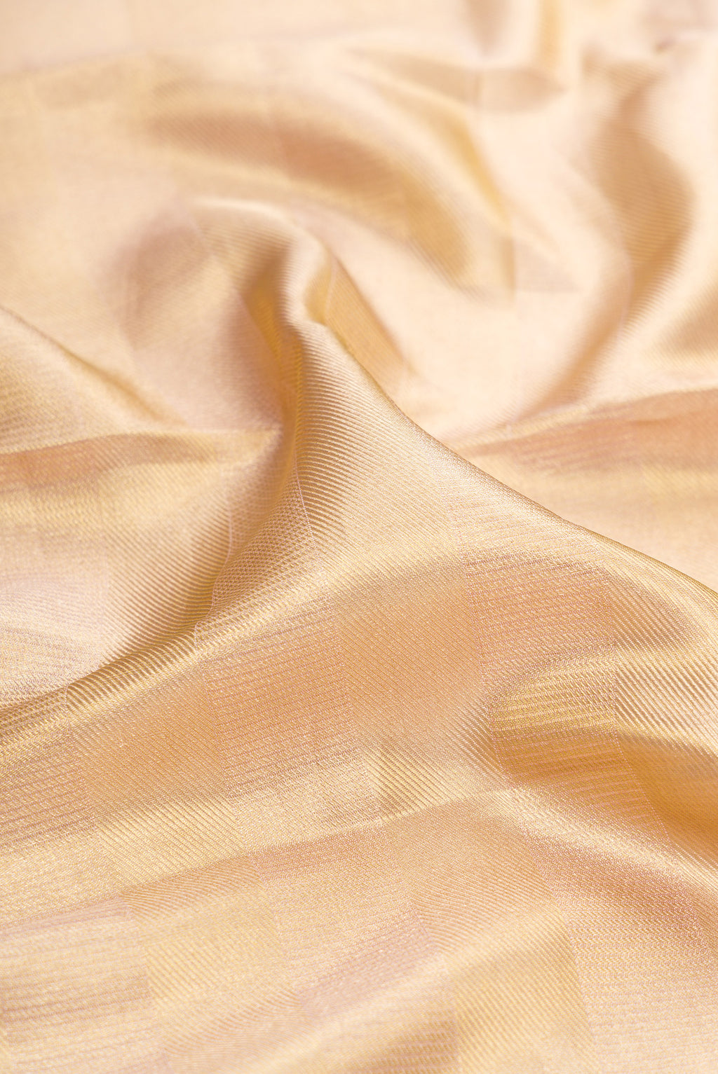 Close up of Gold Dual Tone Kanchipuram Tissue Silk Saree with Zari Brocade on the body and Zari Border.  displaying folds
