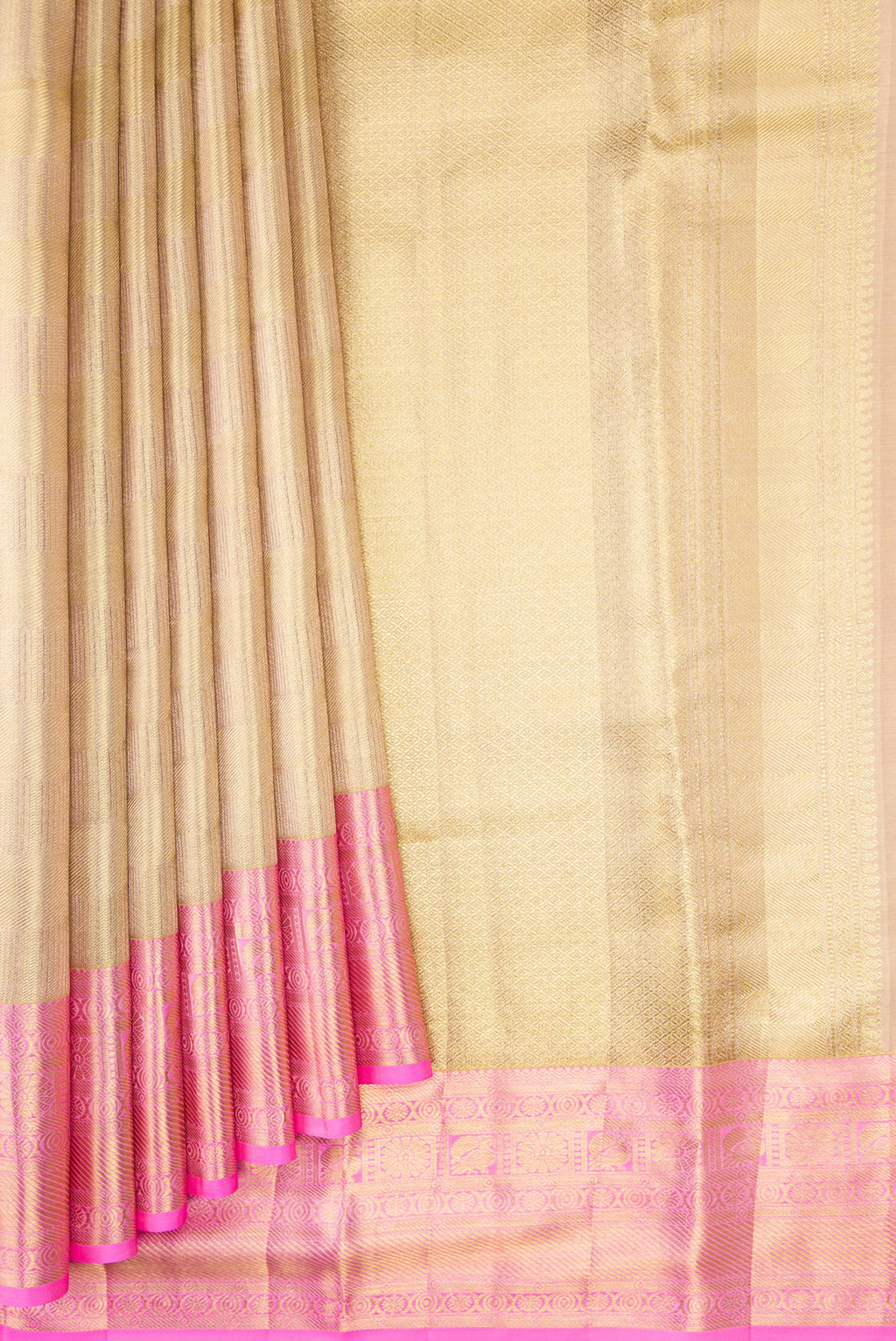 Pleats and pallu of Gold Dual Tone Kanchipuram Tissue Silk Saree with Zari Brocade on the body and Zari Border. 