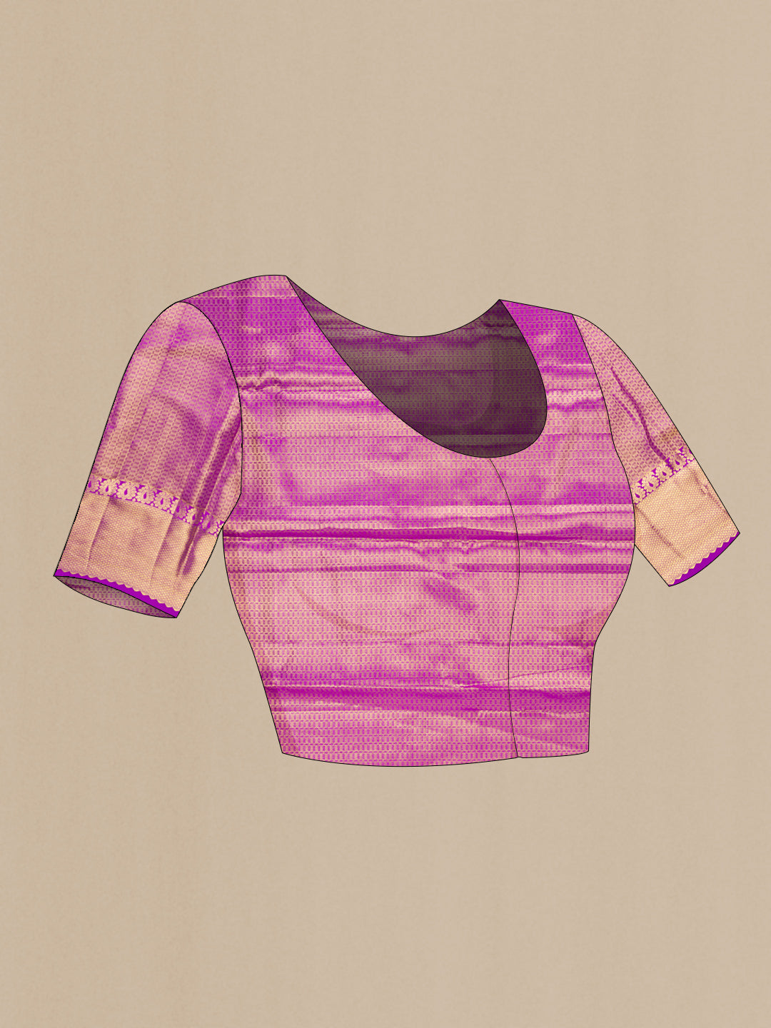 Close up image of the blouse of Purple Dual Tone Kanchipuram Tissue Silk Saree with Zari Brocade on the body and Zari Border. 