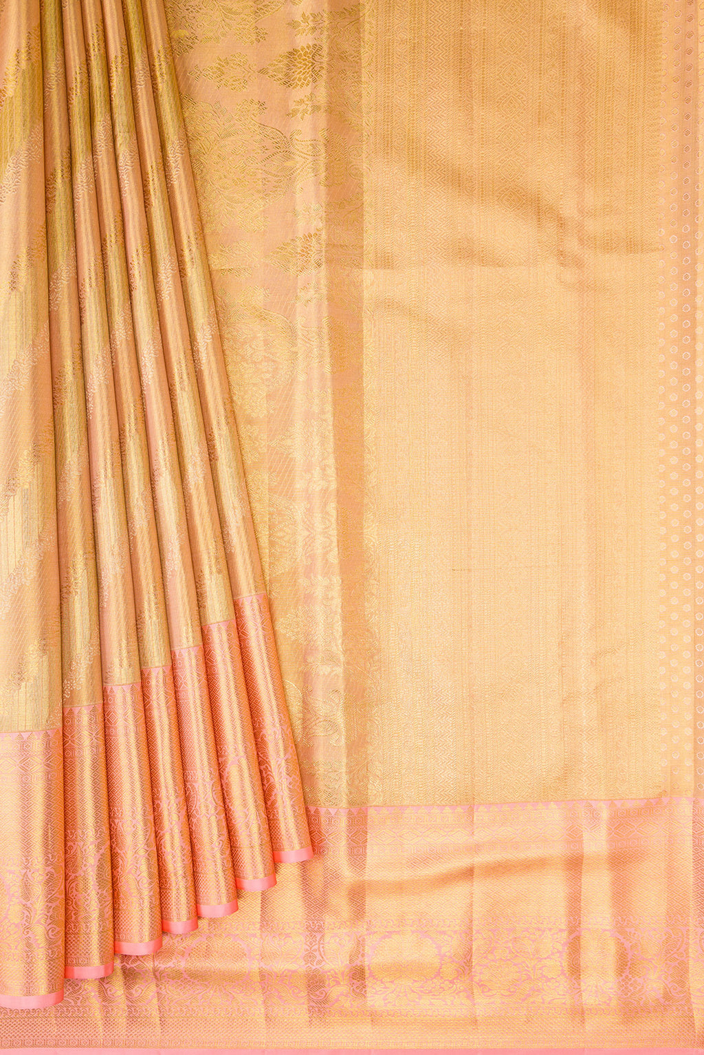 Pleats and pallu of Golden Peach Dual Tone Kanchipuram Tissue Silk Saree with Zari Brocade on the body and Zari Border. 