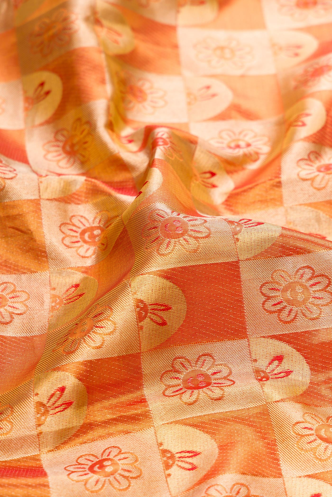 Close up of Gold Dual Tone Kanchipuram Tissue Silk Saree with Zari Brocade on the body and Zari Border.  displaying folds