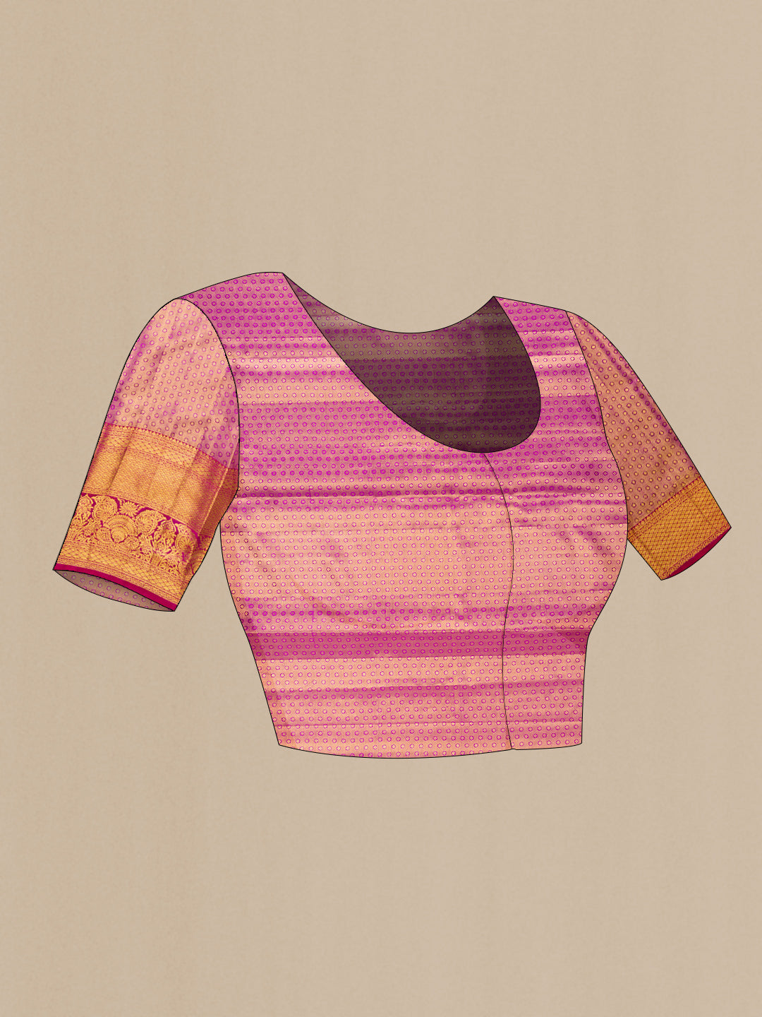 Close up image of the blouse of Purple Dual Tone Kanchipuram Tissue Silk Saree with Zari Brocade on the body and Zari Border. 