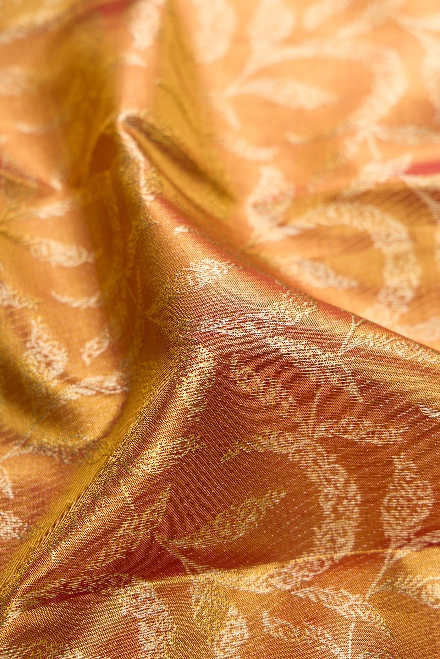 Close up of Gold Dual Tone Kanchipuram Tissue Silk Saree with Zari Brocade on the body and Fancy Border.  displaying folds