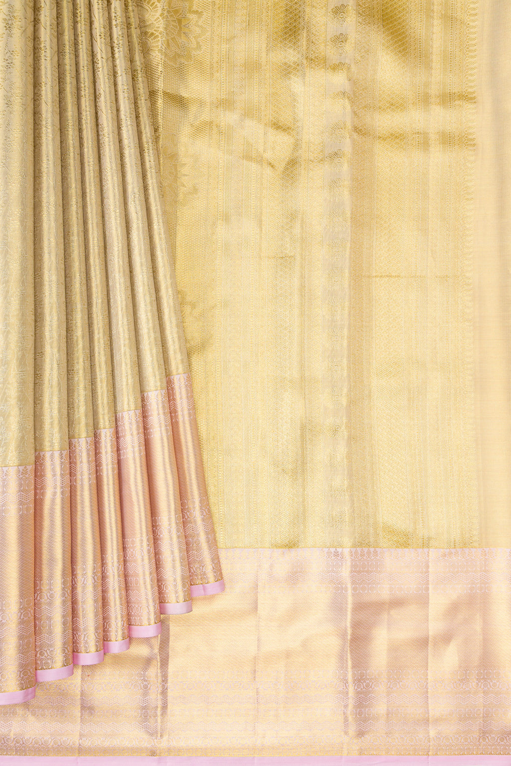 Pleats and pallu of Gold Dual Tone Kanchipuram Tissue Silk Saree with Zari Brocade on the body and Zari Border. 