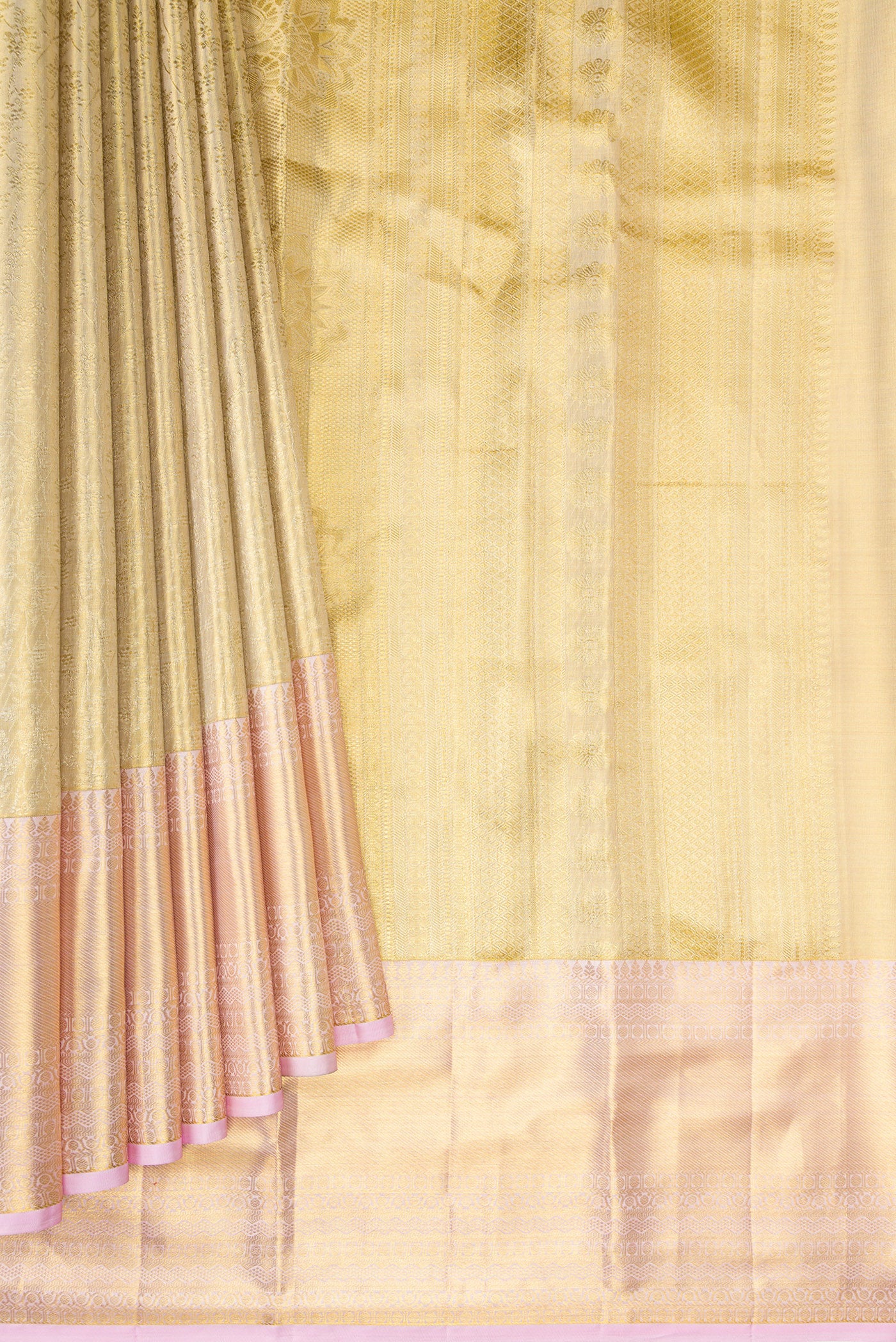 Pleats and pallu of Gold Dual Tone Kanchipuram Tissue Silk Saree with Zari Brocade on the body and Zari Border. 