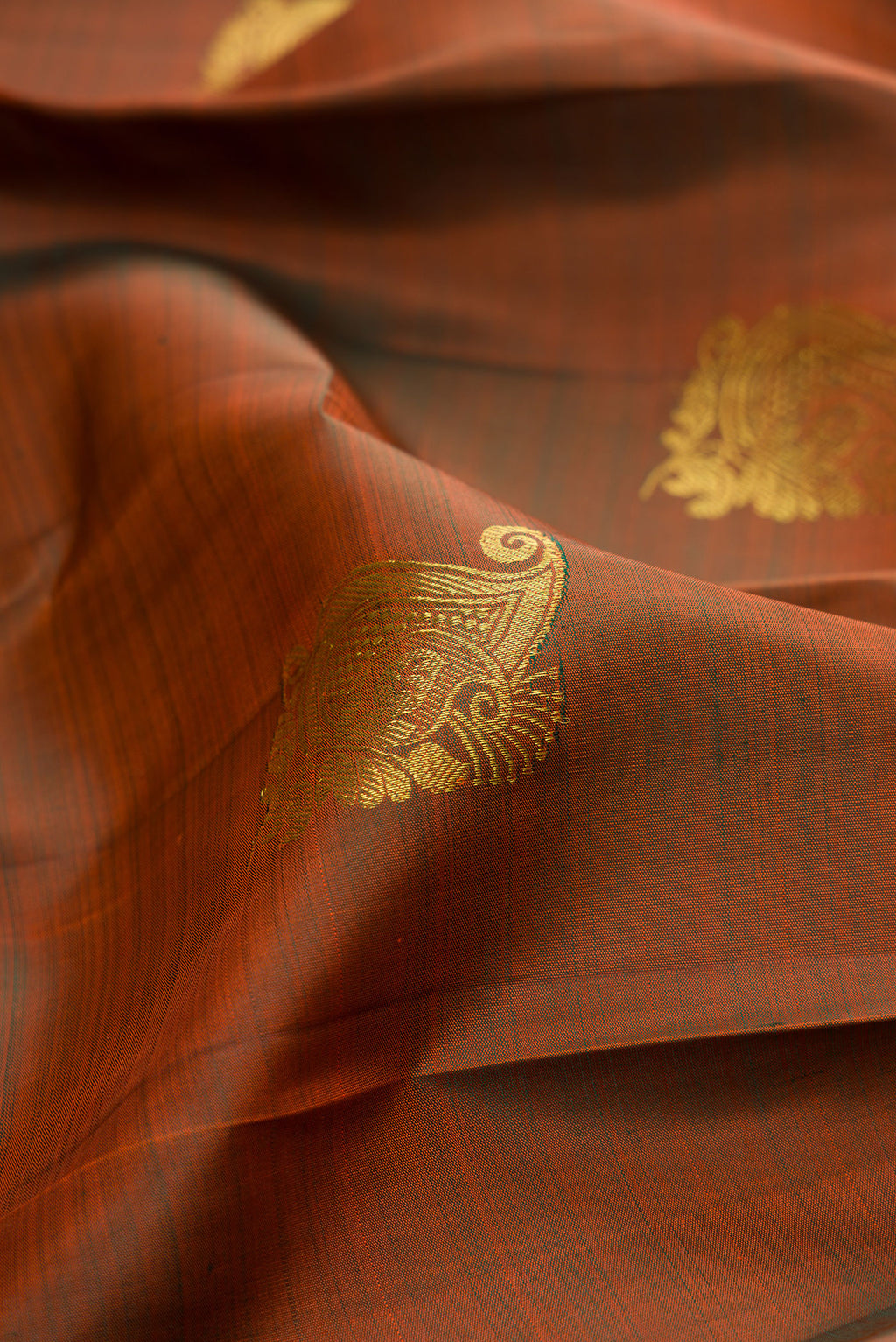 Close up of Rust Kanjivaram Silk Saree with Zari Butta on the body and Zari Border.  displaying folds
