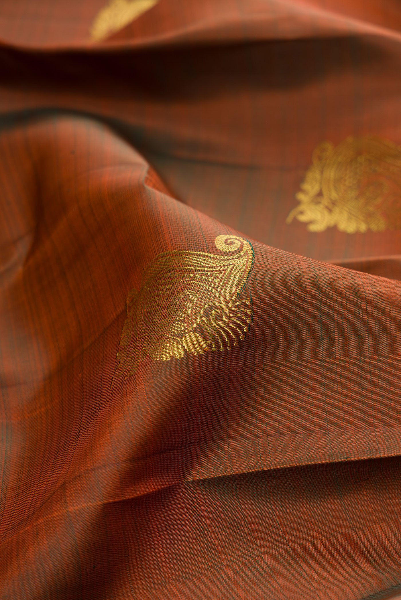 Close up of Rust Kanjivaram Silk Saree with Zari Butta on the body and Zari Border.  displaying folds