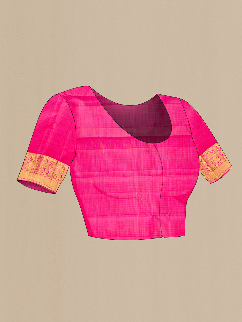 Close up image of the blouse of Pink Kanjivaram Silk Saree with Zari Butta on the body and Zari Border. 