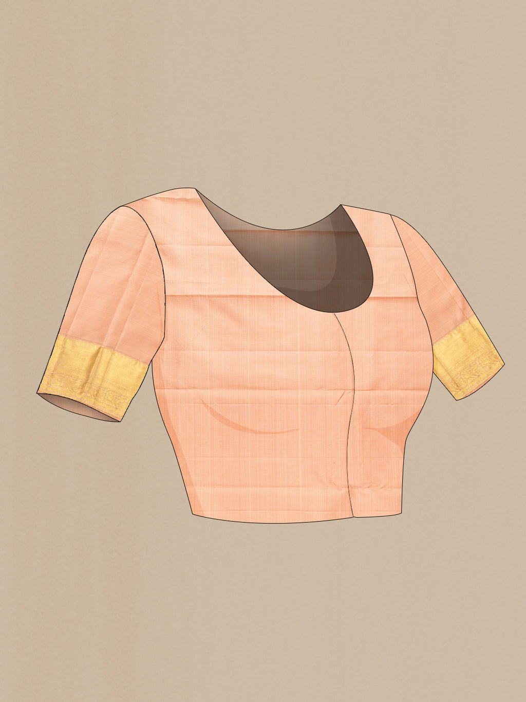 Close up image of the blouse of Golden Peach Kanjivaram Silk Saree with Zari Butta on the body and Zari Border. 