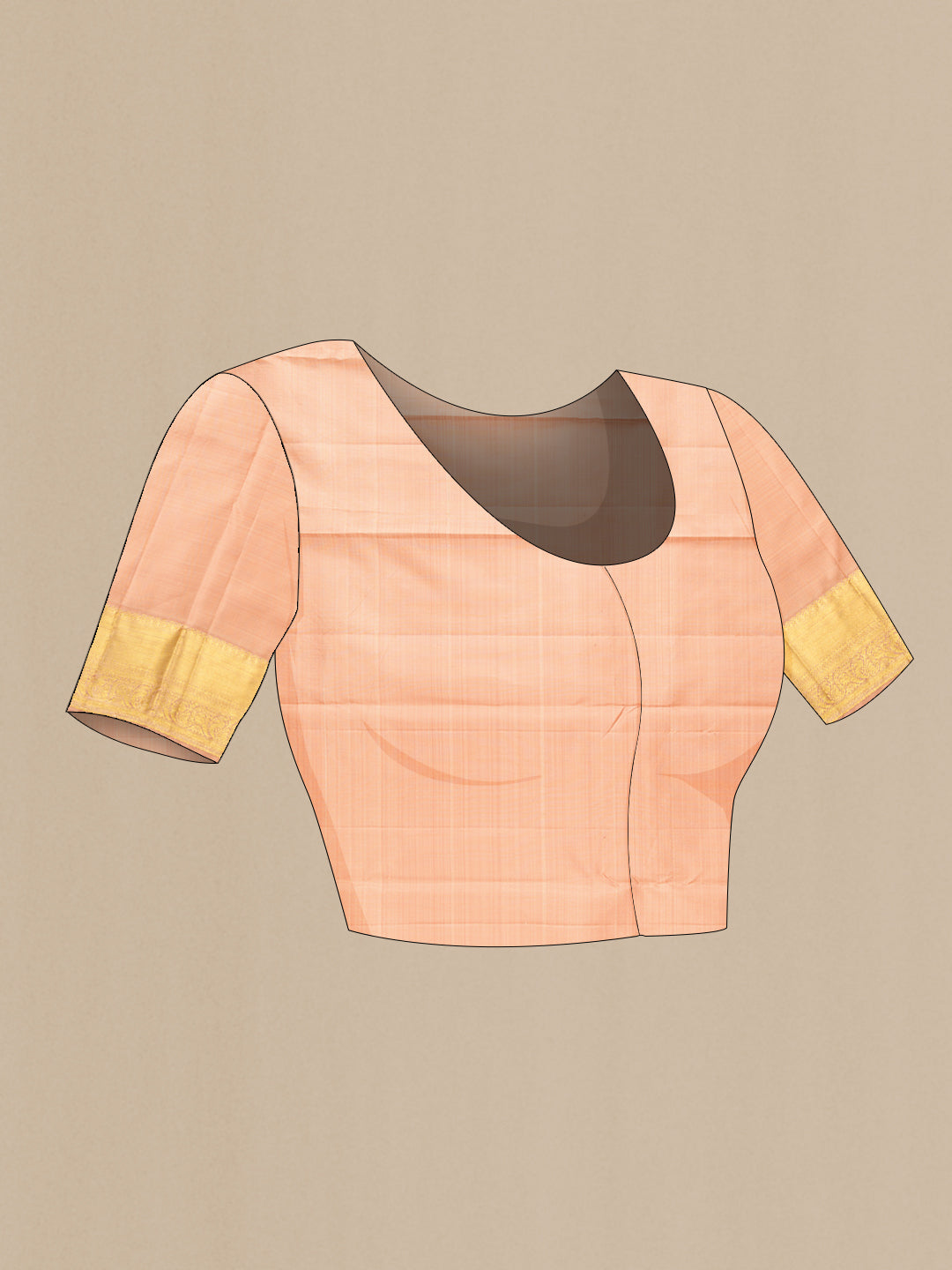 Close up image of the blouse of Golden Peach Kanjivaram Silk Saree with Zari Butta on the body and Zari Border. 