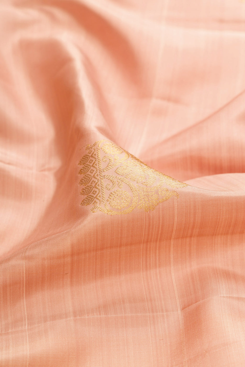Close up of Golden Peach Kanjivaram Silk Saree with Zari Butta on the body and Zari Border.  displaying folds