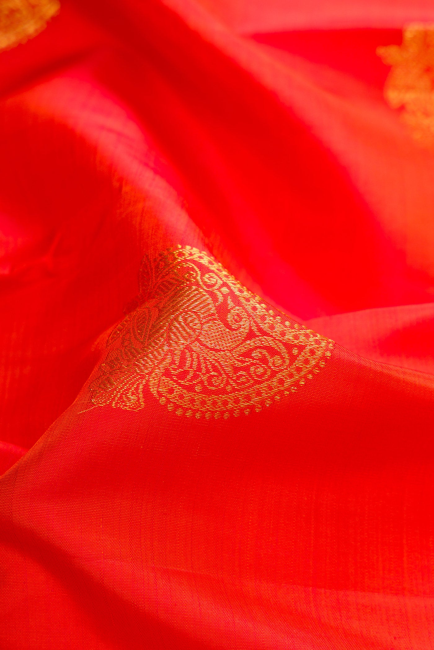 Close up of Orange Kanjivaram Silk Saree with Zari Butta on the body and Zari Border.  displaying folds