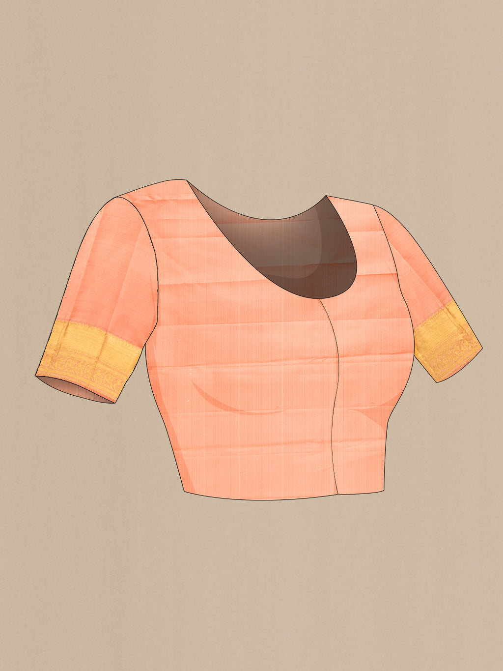 Close up image of the blouse of Peach Kanjivaram Silk Saree with Zari Butta on the body and Zari Border. 