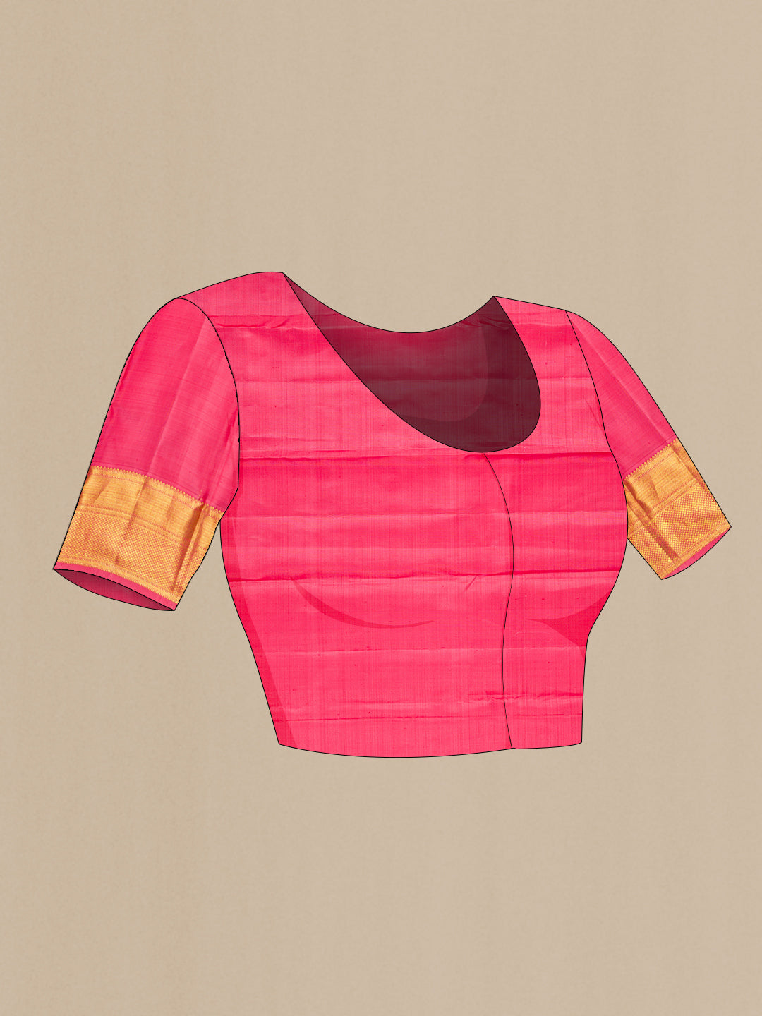 Close up image of the blouse of Pink Kanjivaram Silk Saree with Zari Butta on the body and Zari Border. 