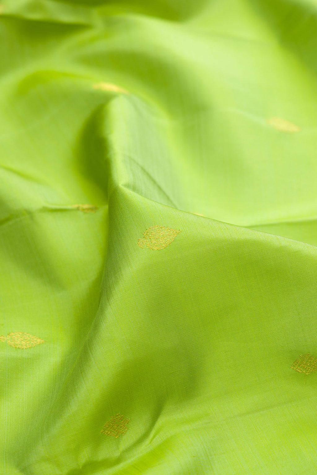 Close up of Pista Green Kanjivaram Silk Saree with Zari Butta on the body and Zari Border.  displaying folds