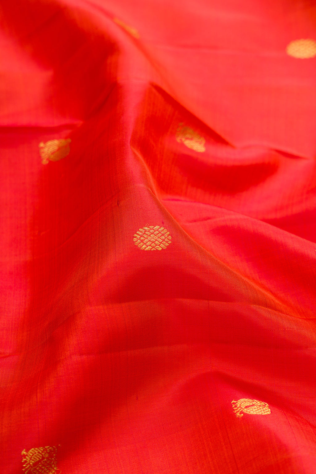 Close up of Orange Kanjivaram Silk Saree with Zari Butta on the body and Zari Border.  displaying folds