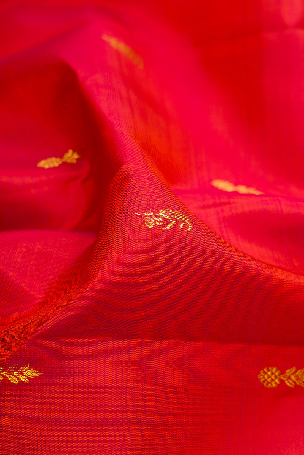 Close up of Brick Orange Kanjivaram Silk Saree with Zari Butta on the body and Zari Border.  displaying folds