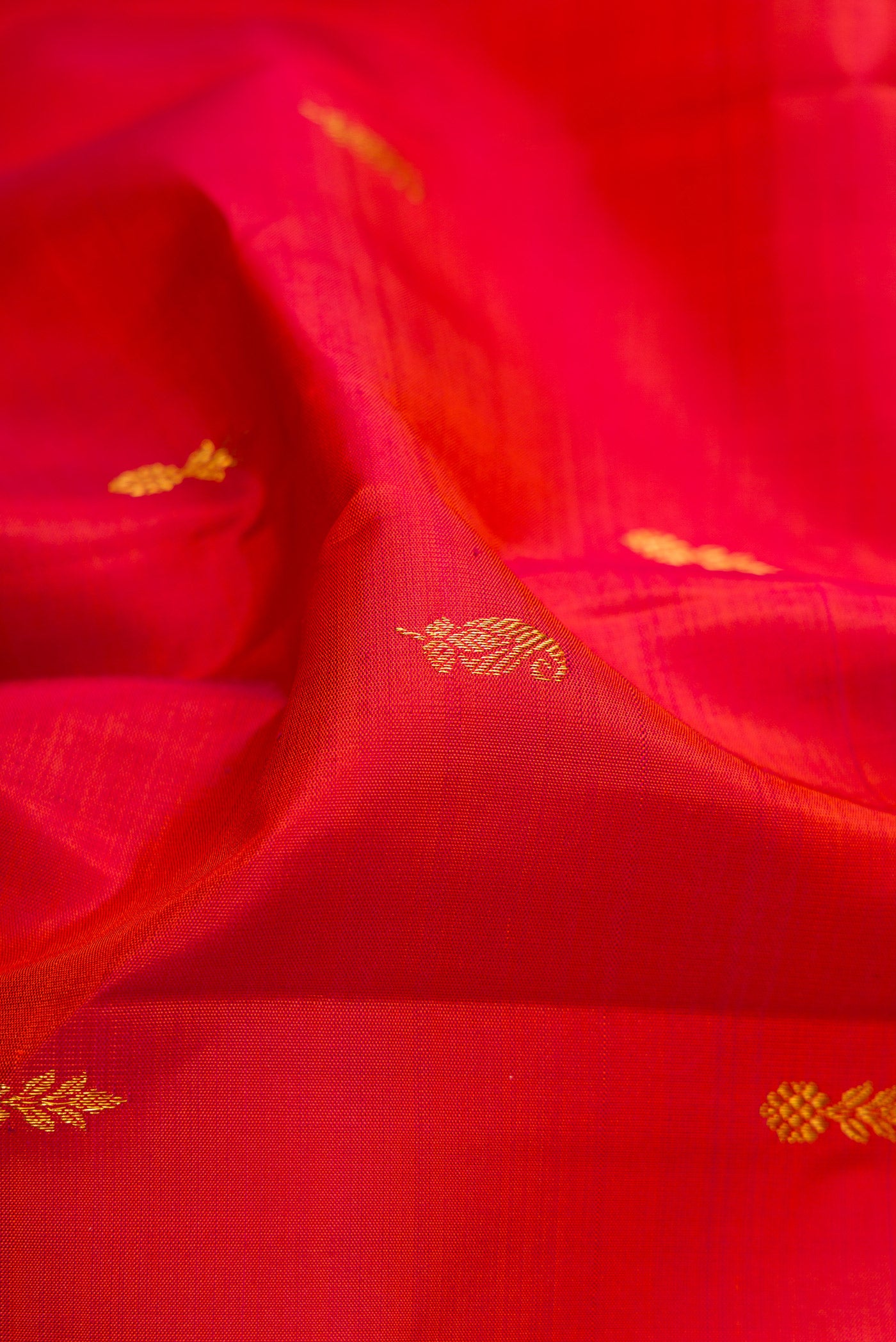 Close up of Brick Orange Kanjivaram Silk Saree with Zari Butta on the body and Zari Border.  displaying folds