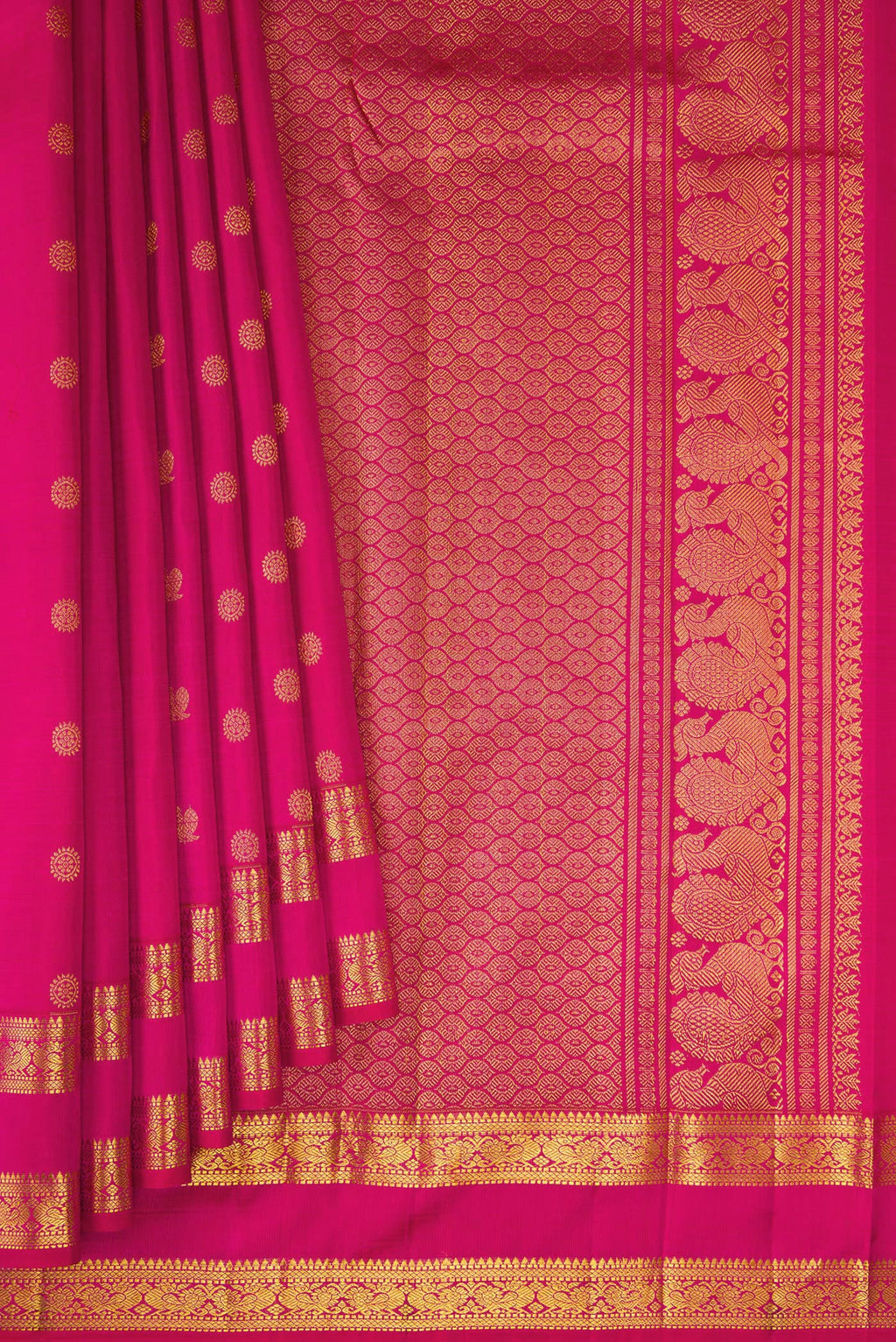 Pleats and pallu of Rani Pink Kanjivaram Silk Saree with Zari Butta on the body and Zari Border. 