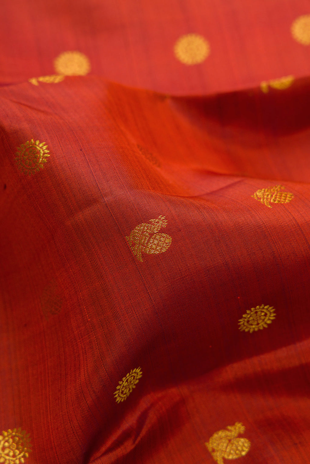 Close up of Rust Kanjivaram Silk Saree with Zari Butta on the body and Zari Border.  displaying folds
