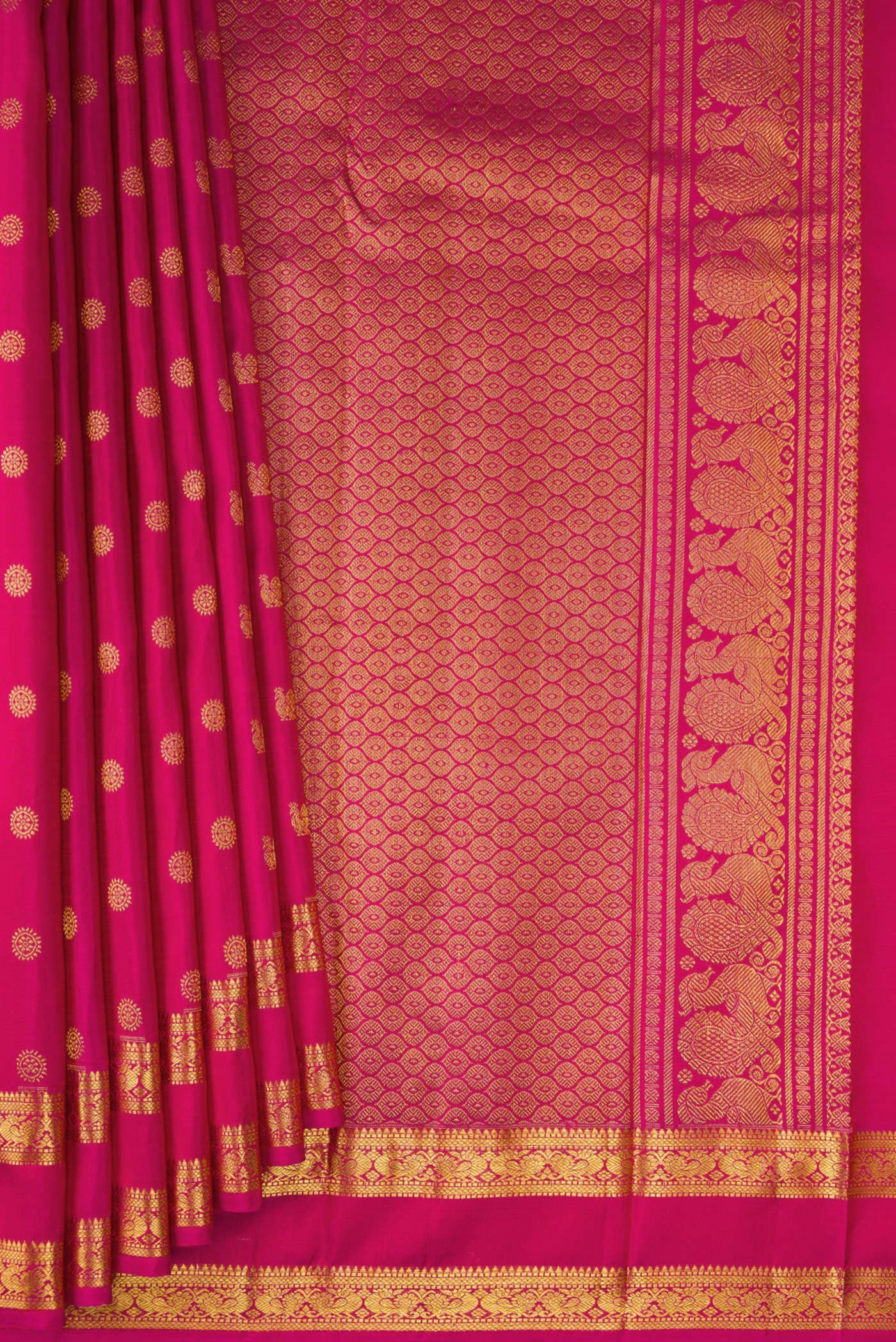 Pleats and pallu of Dark Pink Kanjivaram Silk Saree with Zari Butta on the body and Zari Border. 