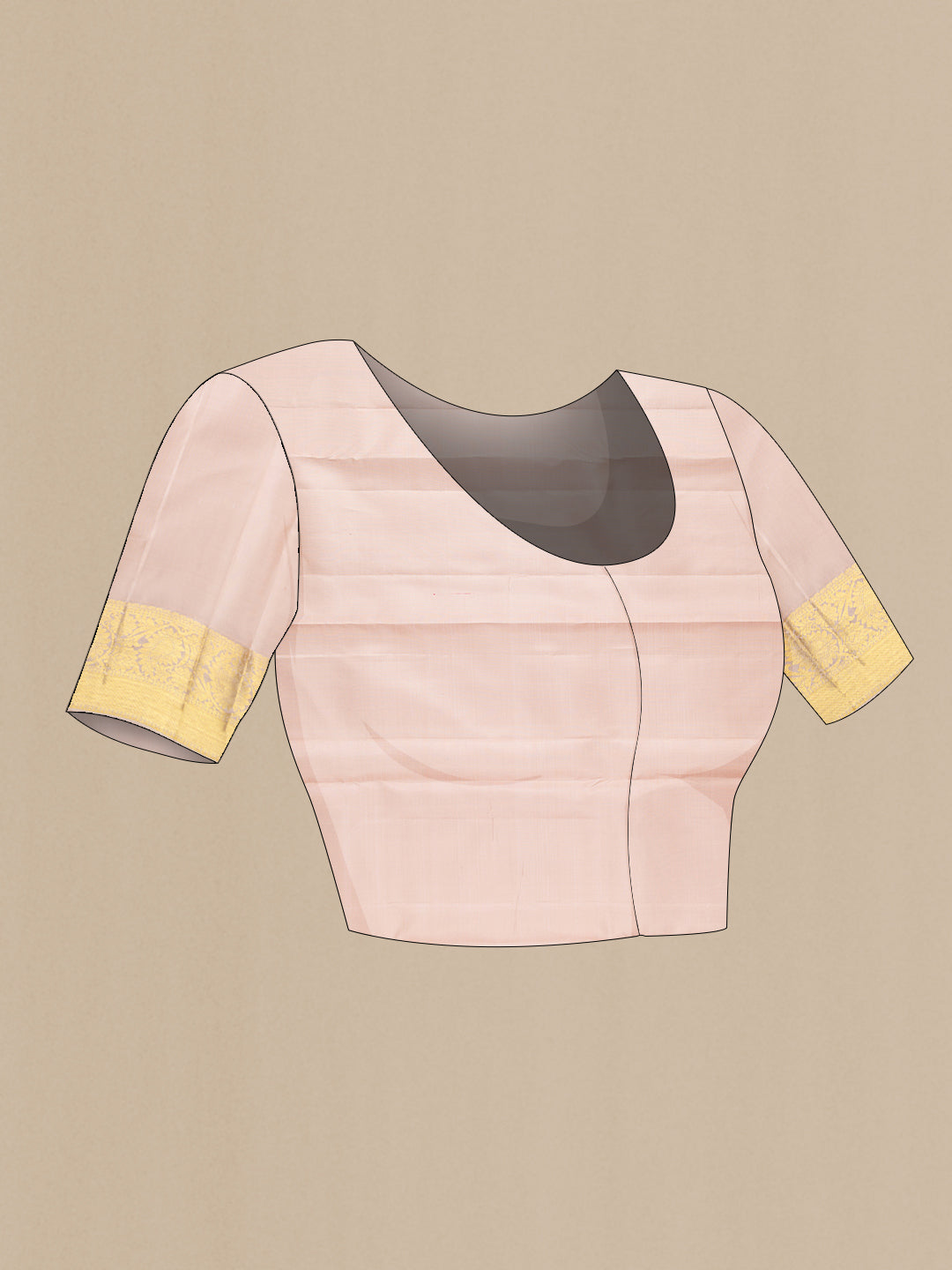Close up image of the blouse of Rose Gold Kanjivaram Silk Saree with Zari Butta on the body and Zari Border. 
