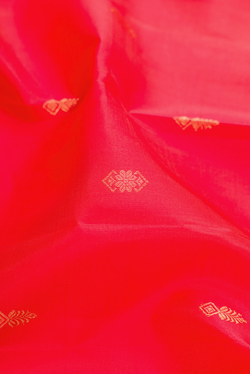 Close up of Red Kanjivaram Silk Saree with Zari Butta on the body and Zari Border.  displaying folds