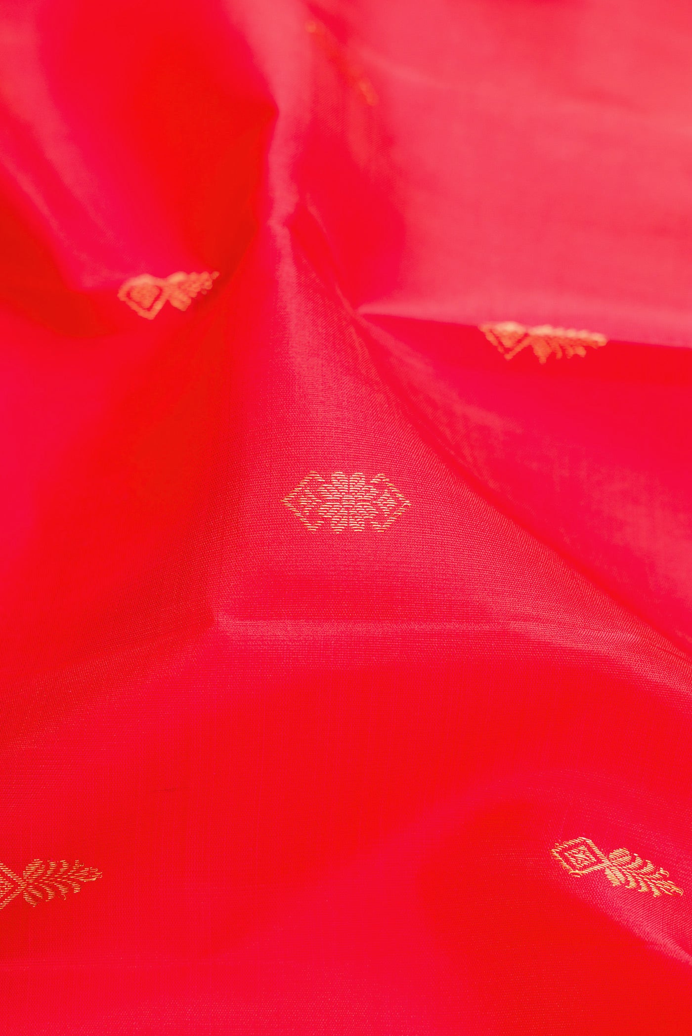 Close up of Red Kanjivaram Silk Saree with Zari Butta on the body and Zari Border.  displaying folds