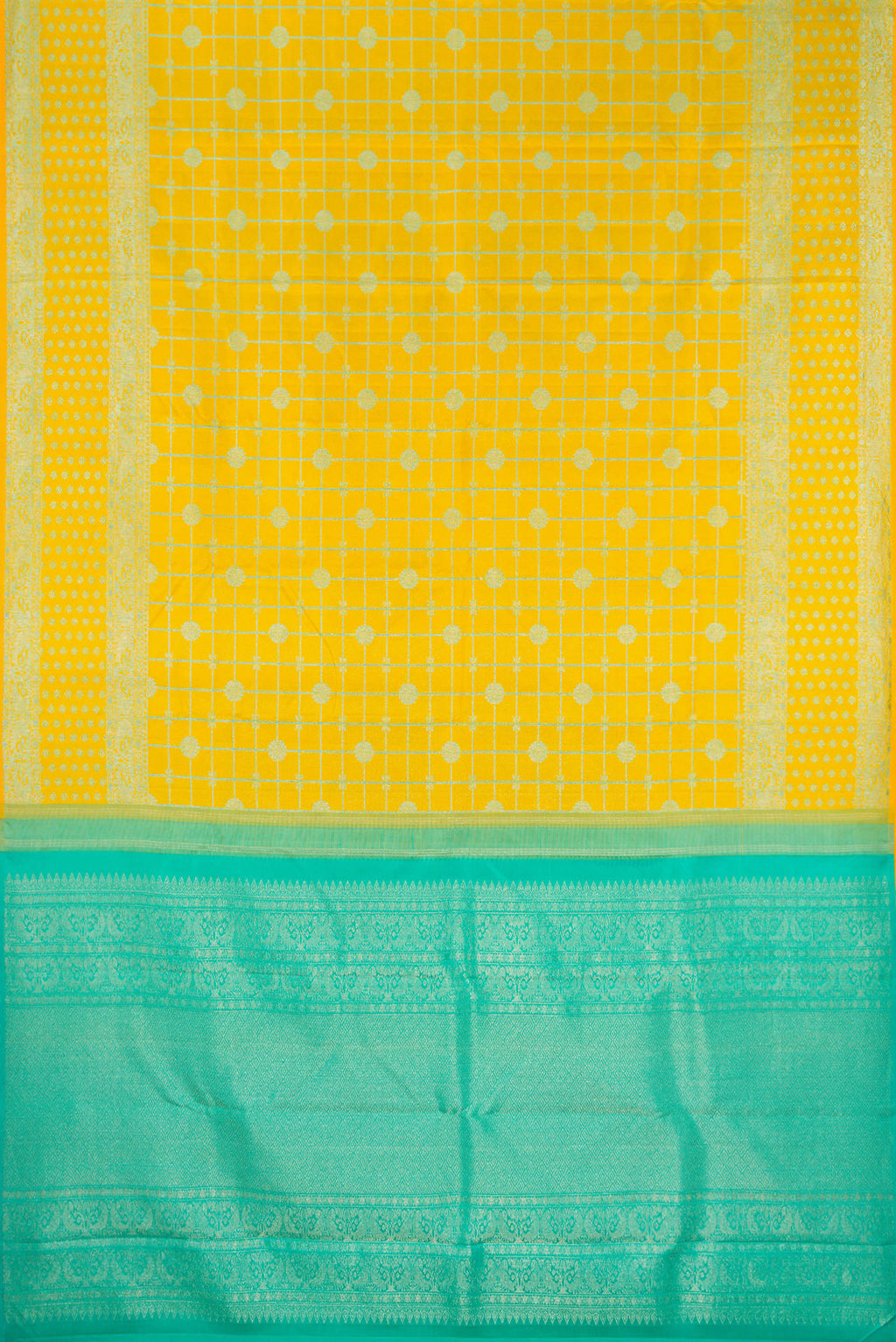 Flat view of Pure Silk Yellow Kanjivaram Saree with Checked design on the body and Fancy Border. 