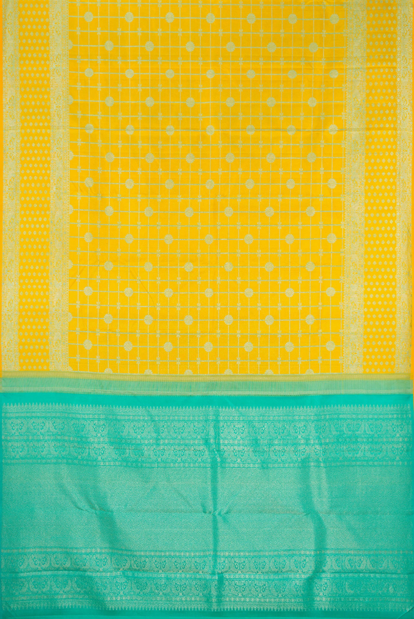 Flat view of Pure Silk Yellow Kanjivaram Saree with Checked design on the body and Fancy Border. 