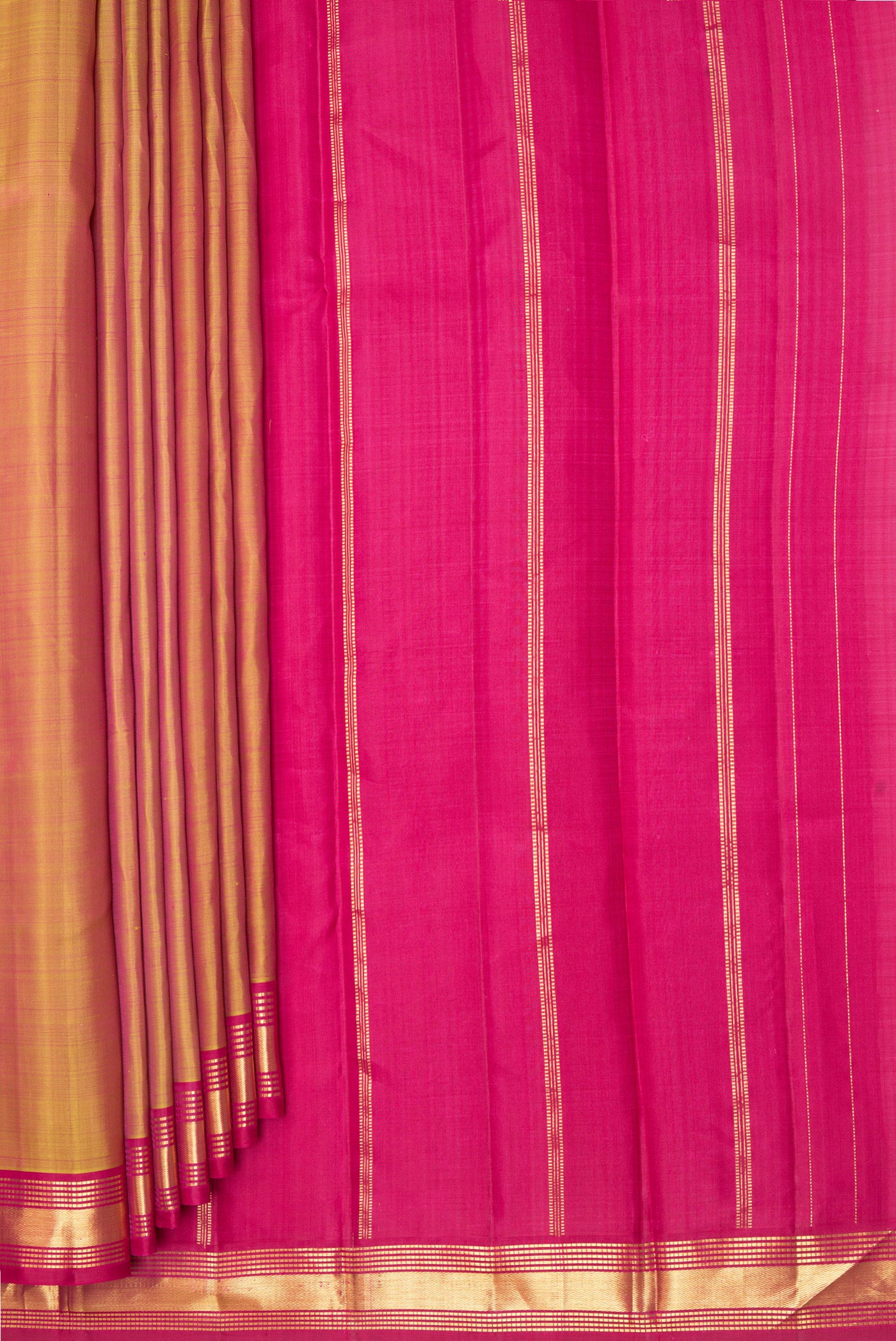 Pleats and pallu of Mustard Dual Tone Kanjivaram Silk Saree with Plain Body and Zari Border. 