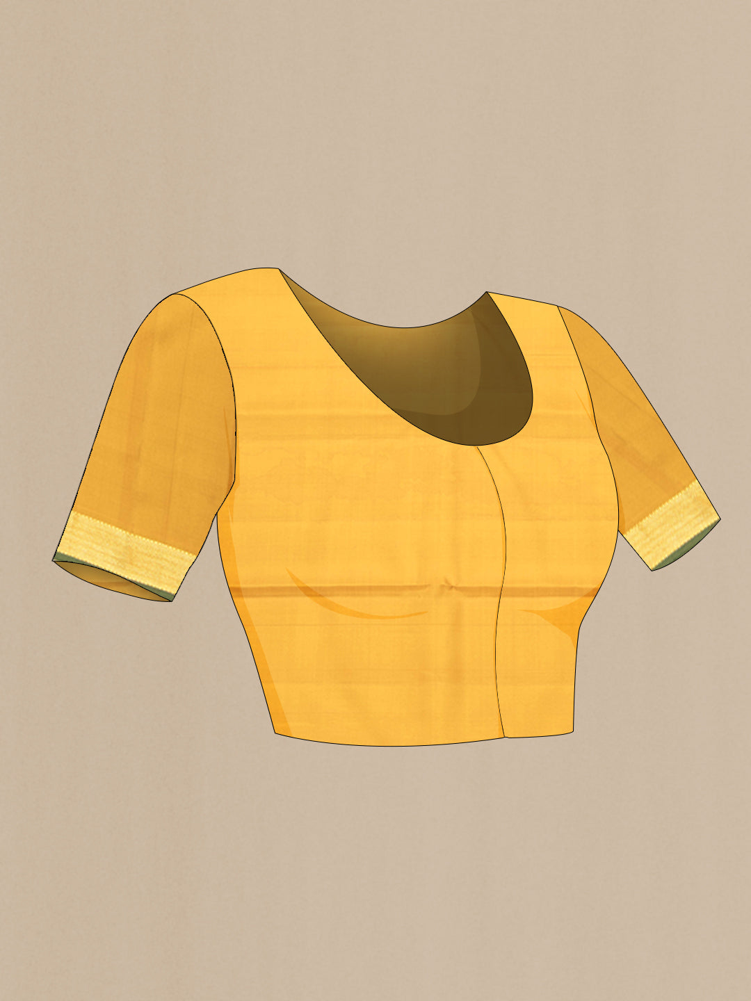 Close up image of the blouse of Orange Kanjivaram Silk Saree with Plain Body and Zari Border. 