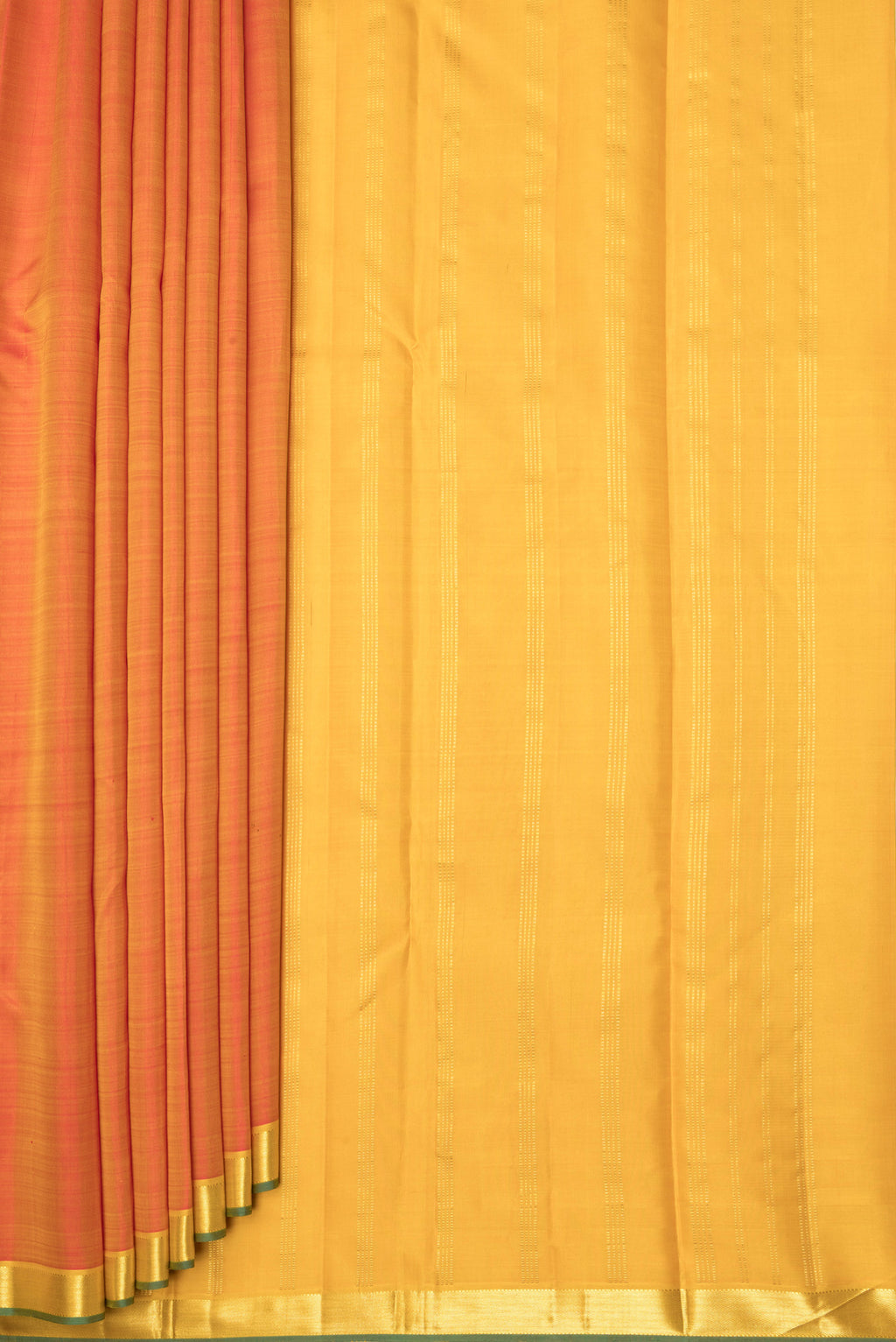 Pleats and pallu of Orange Kanjivaram Silk Saree with Plain Body and Zari Border. 