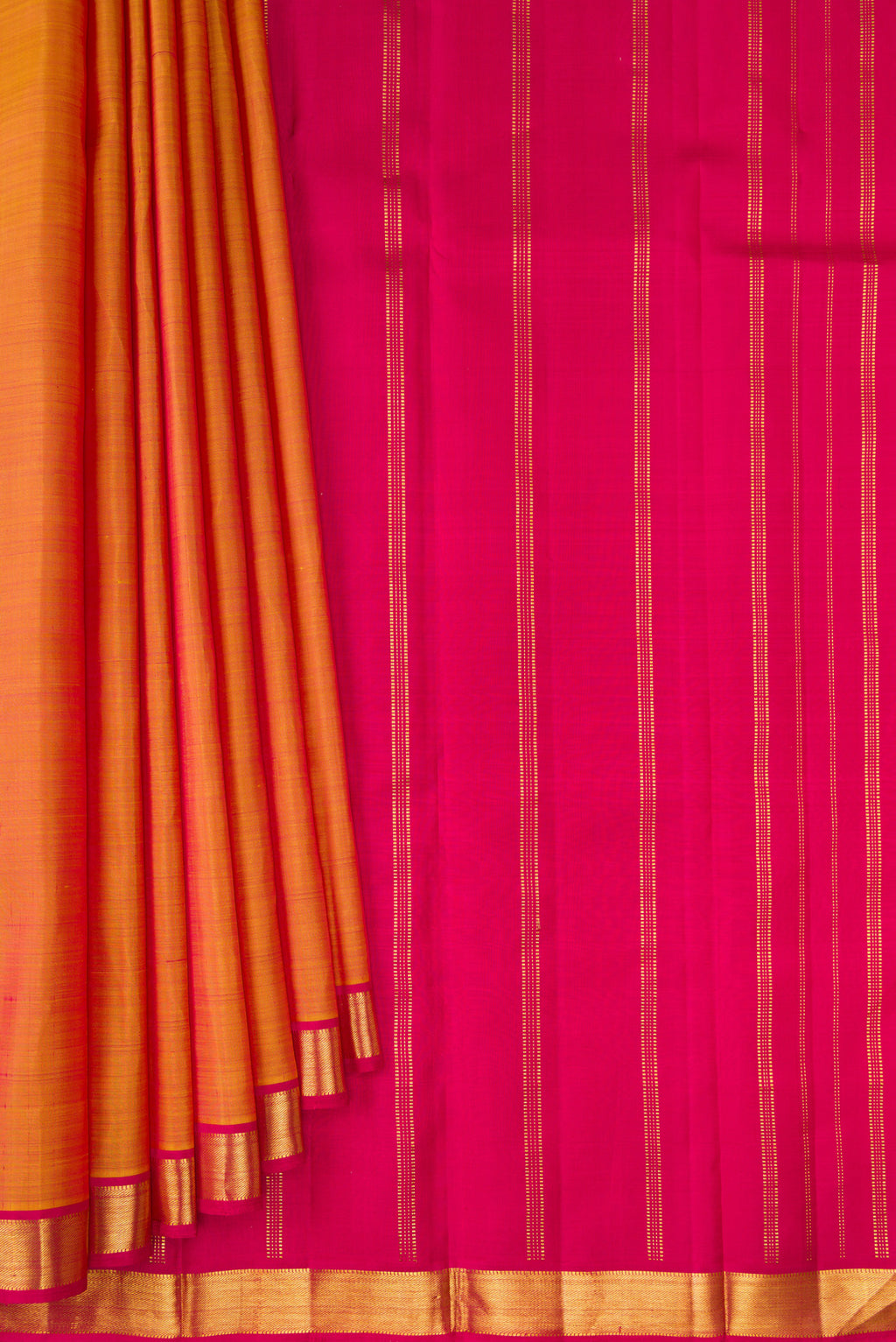 Pleats and pallu of Mustard Kanjivaram Silk Saree with Plain Body and Zari Border. 