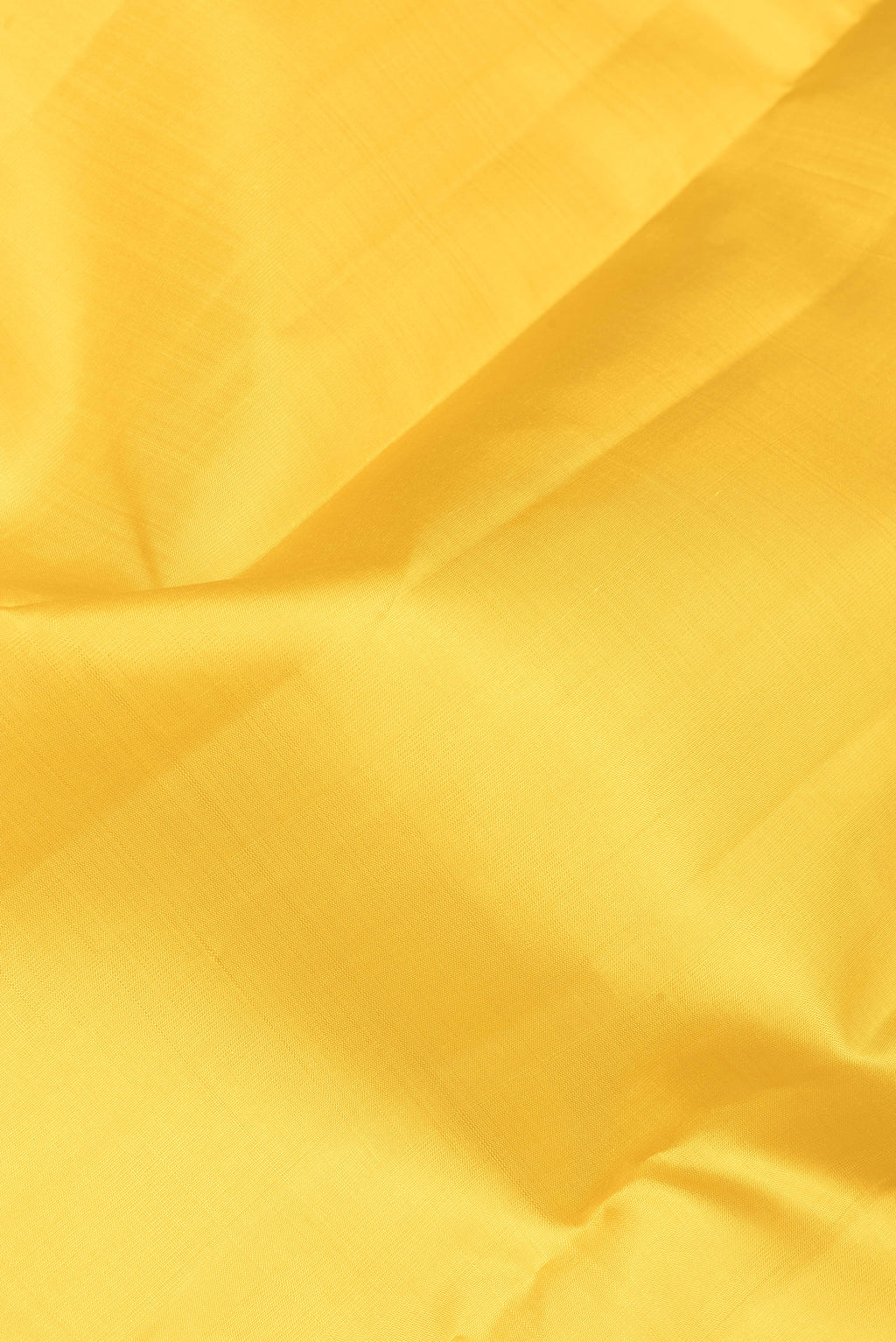 Close up of Yellow Kanjivaram Silk Saree with Plain Body and Zari Border.  displaying folds